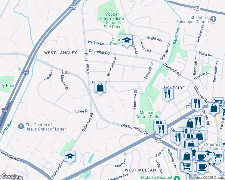 map of restaurants, bars, coffee shops, grocery stores, and more near 1206 Raymond Avenue in McLean