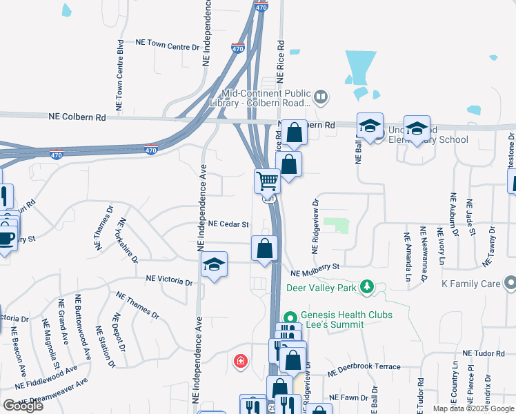 map of restaurants, bars, coffee shops, grocery stores, and more near 1615 Northeast White Drive in Lee's Summit