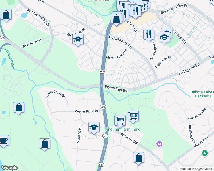 map of restaurants, bars, coffee shops, grocery stores, and more near Frying Pan Road in Herndon