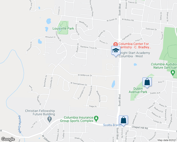 map of restaurants, bars, coffee shops, grocery stores, and more near 4605 West Millbrook Drive in Columbia