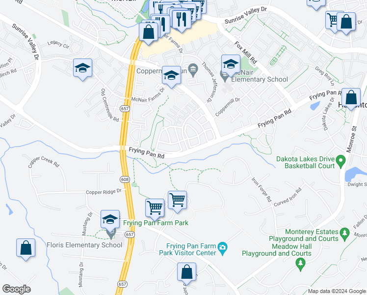 map of restaurants, bars, coffee shops, grocery stores, and more near 2635 Logan Wood Drive in Herndon