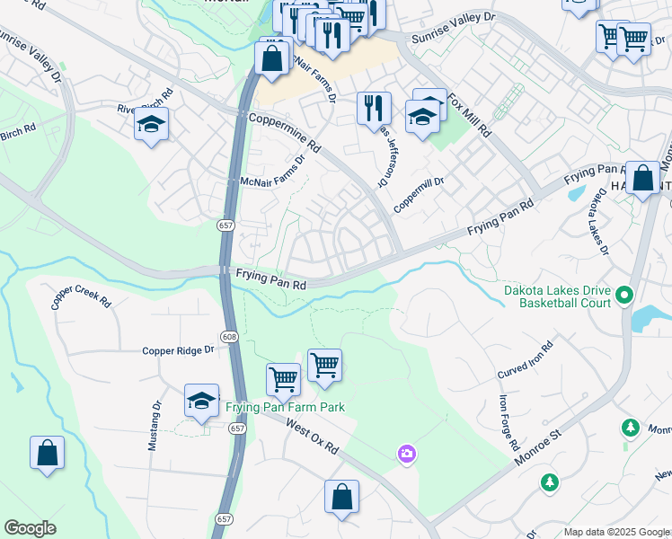 map of restaurants, bars, coffee shops, grocery stores, and more near 2635 Logan Wood Drive in Herndon