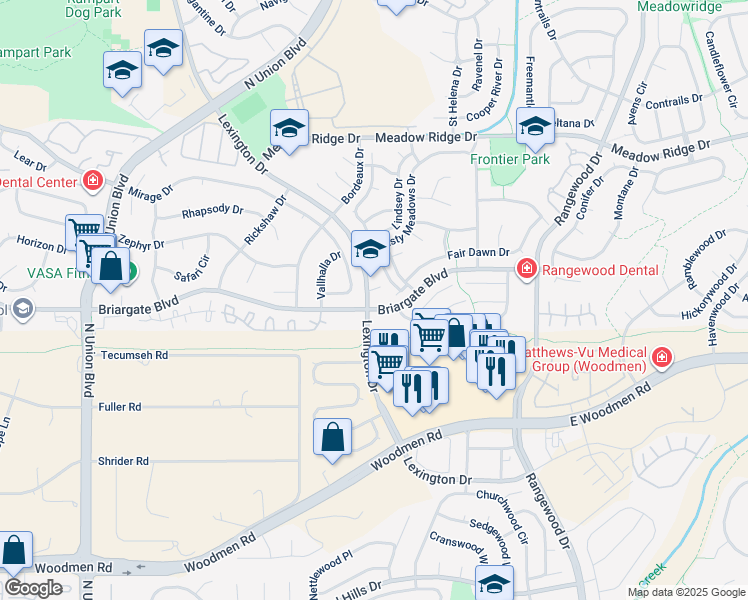 map of restaurants, bars, coffee shops, grocery stores, and more near 3455 Briargate Boulevard in Colorado Springs