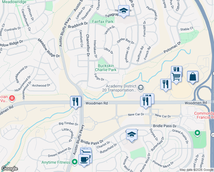 map of restaurants, bars, coffee shops, grocery stores, and more near 7470 Chancellor Drive in Colorado Springs