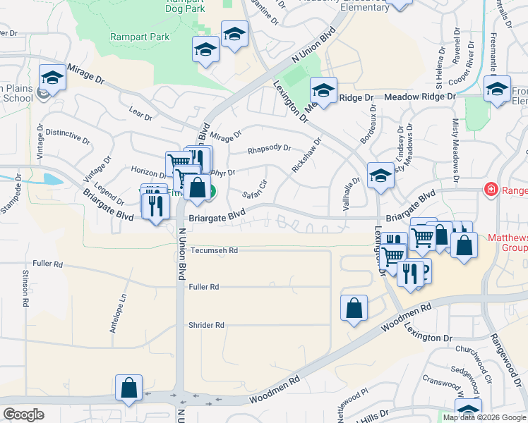 map of restaurants, bars, coffee shops, grocery stores, and more near 7488 Alameda Court in Colorado Springs