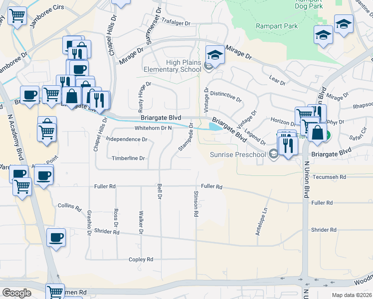 map of restaurants, bars, coffee shops, grocery stores, and more near 2145 Berthoud Court in Colorado Springs