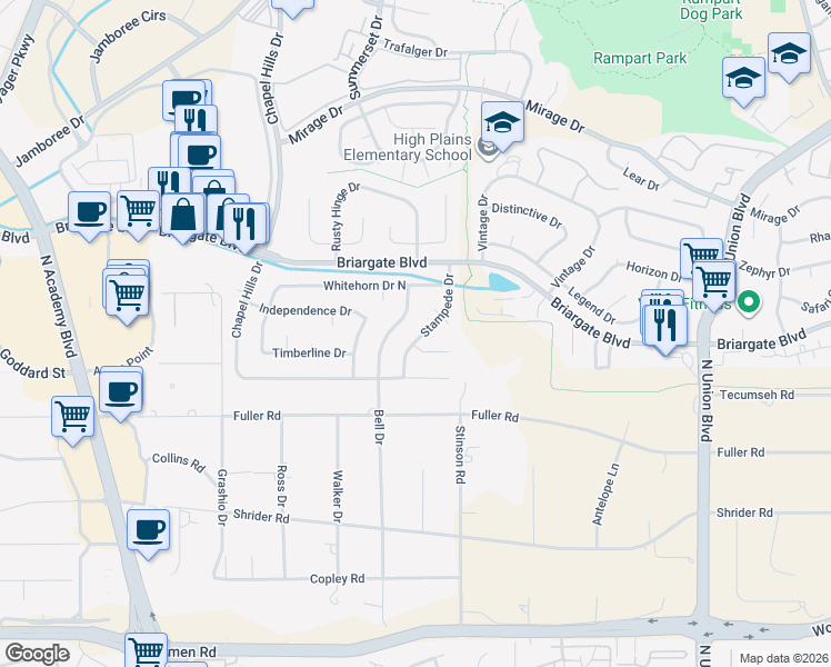 map of restaurants, bars, coffee shops, grocery stores, and more near 7570 Stampede Drive in Colorado Springs