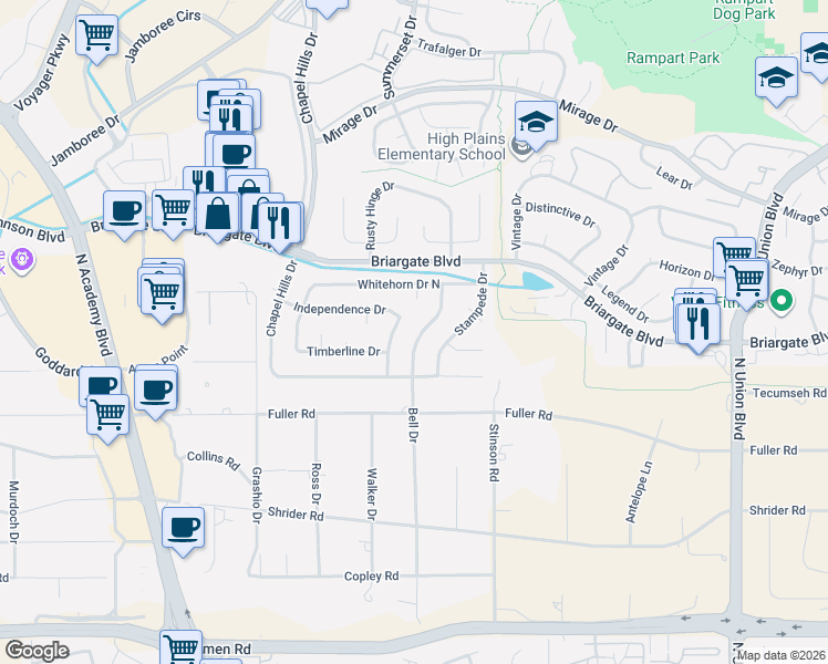 map of restaurants, bars, coffee shops, grocery stores, and more near 7570 Stampede Drive in Colorado Springs