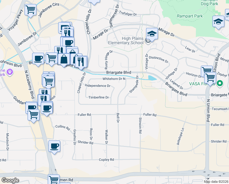 map of restaurants, bars, coffee shops, grocery stores, and more near 7539 Red Mountain Drive in Colorado Springs