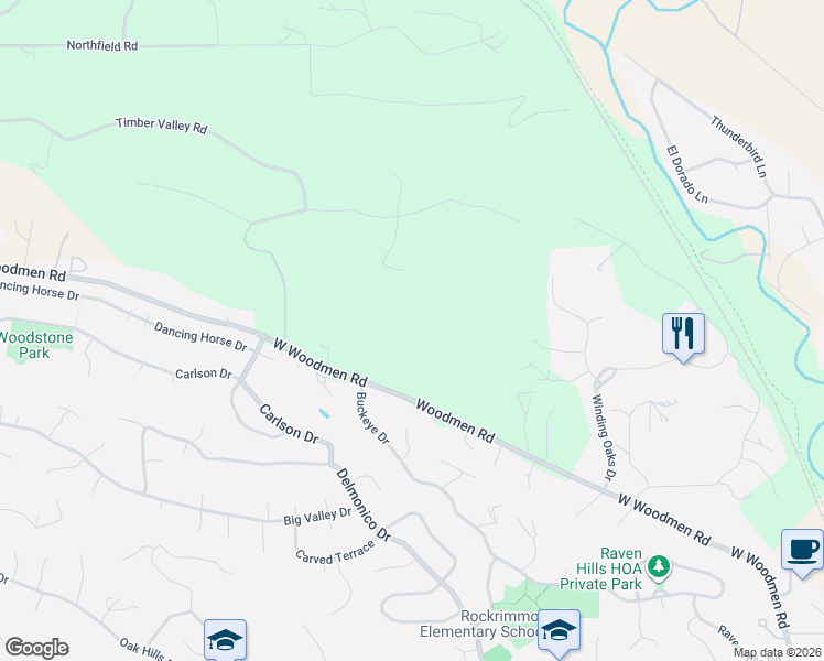 map of restaurants, bars, coffee shops, grocery stores, and more near 550 West Woodmen Road in Colorado Springs