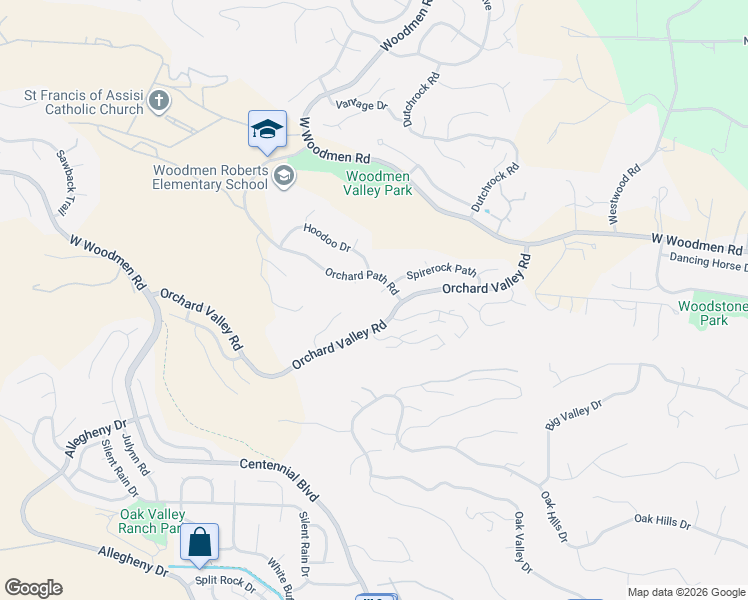 map of restaurants, bars, coffee shops, grocery stores, and more near 2050 Guardian Way in Colorado Springs