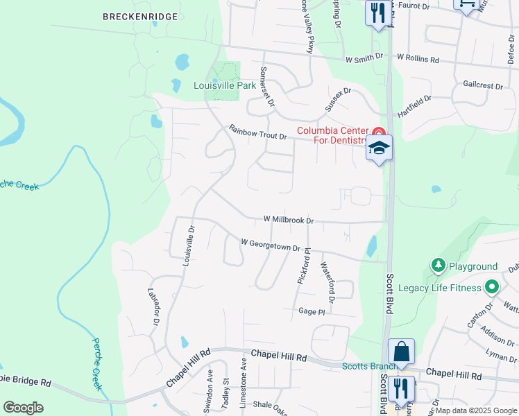 map of restaurants, bars, coffee shops, grocery stores, and more near 1512 Westminster Place in Columbia