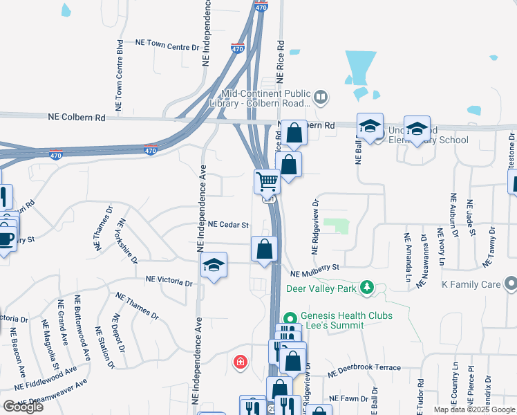 map of restaurants, bars, coffee shops, grocery stores, and more near 1615 Northeast White Drive in Lee's Summit