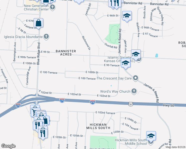 map of restaurants, bars, coffee shops, grocery stores, and more near 7606 East 100 Terrace in Kansas City