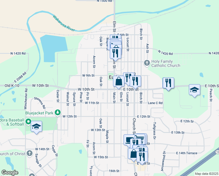 map of restaurants, bars, coffee shops, grocery stores, and more near 101 West 10th Street in Eudora