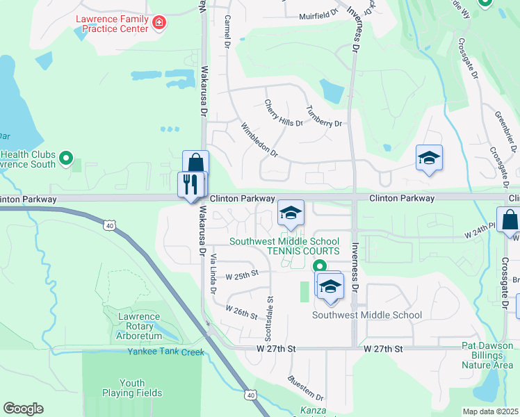 map of restaurants, bars, coffee shops, grocery stores, and more near 4720 Ranch Court in Lawrence