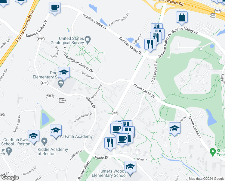 map of restaurants, bars, coffee shops, grocery stores, and more near 2300 Southgate Square in Reston
