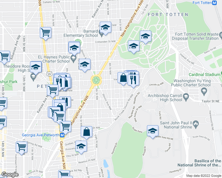 map of restaurants, bars, coffee shops, grocery stores, and more near 4th St NW & Upshur St NW in Washington