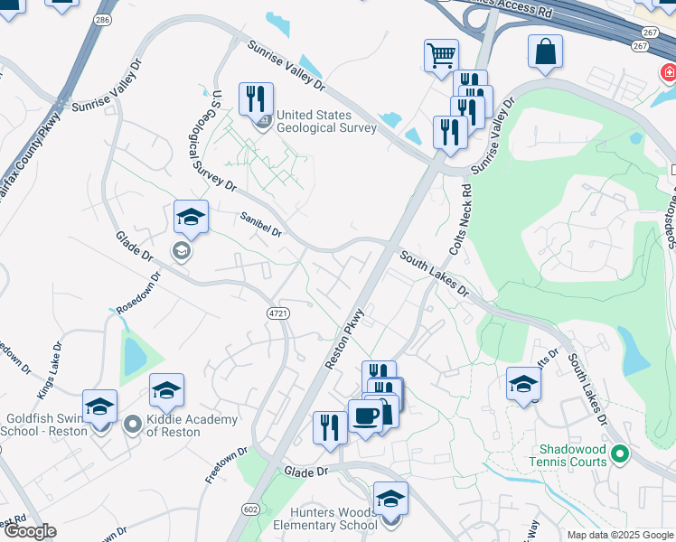 map of restaurants, bars, coffee shops, grocery stores, and more near 2300 Southgate Square in Reston