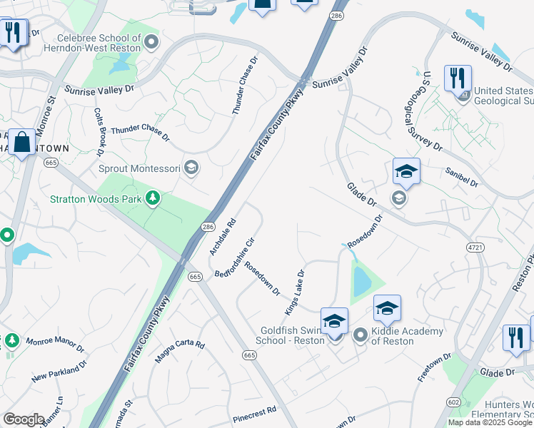 map of restaurants, bars, coffee shops, grocery stores, and more near 2327 Bedfordshire Circle in Reston