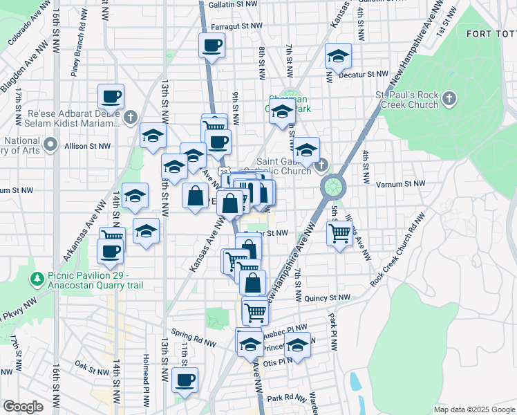 map of restaurants, bars, coffee shops, grocery stores, and more near 811 Upshur Street Northwest in Washington