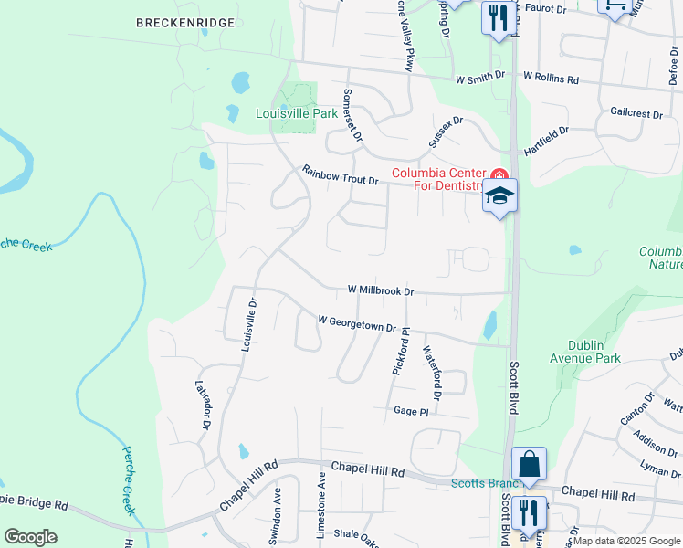 map of restaurants, bars, coffee shops, grocery stores, and more near 4913 West Millbrook Drive in Columbia