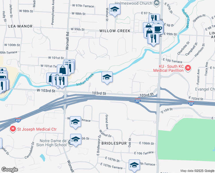 map of restaurants, bars, coffee shops, grocery stores, and more near 326 East 103rd Street in Kansas City
