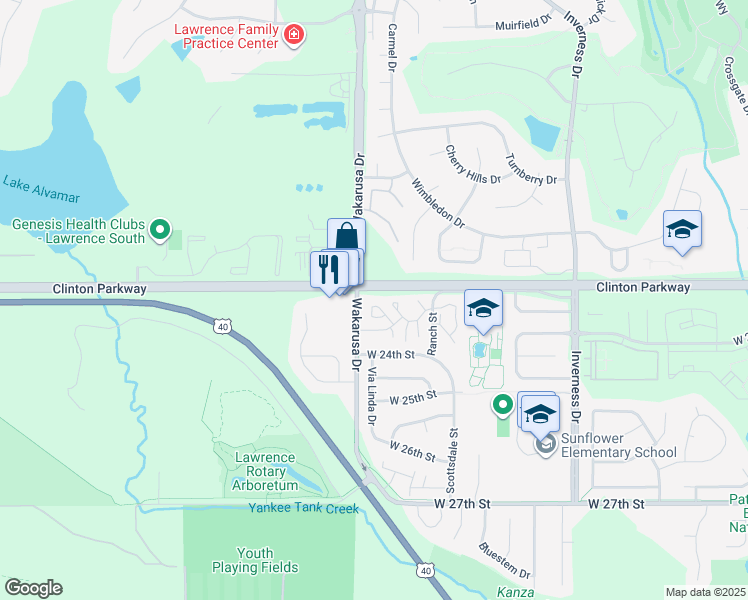 map of restaurants, bars, coffee shops, grocery stores, and more near 2300 Wakarusa Drive in Lawrence