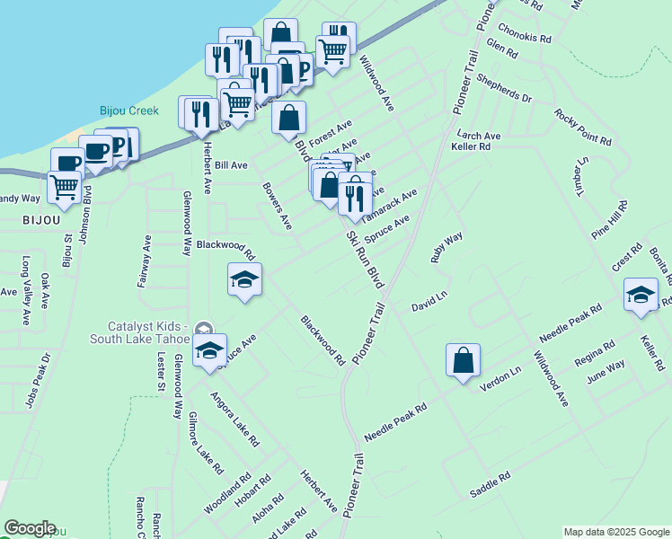 map of restaurants, bars, coffee shops, grocery stores, and more near 3616 Spruce Avenue in South Lake Tahoe