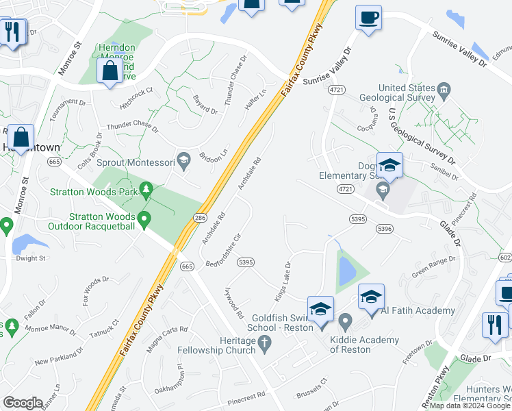 map of restaurants, bars, coffee shops, grocery stores, and more near 2327 Bedfordshire Circle in Reston