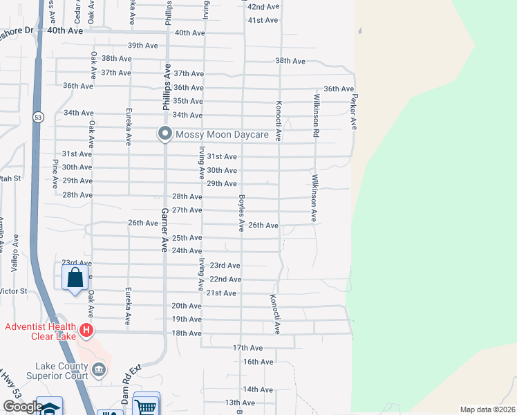 map of restaurants, bars, coffee shops, grocery stores, and more near 16182 27th Avenue in Clearlake