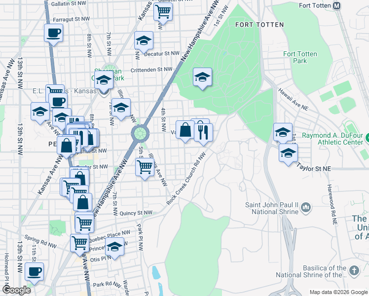 map of restaurants, bars, coffee shops, grocery stores, and more near 3rd Street Northwest & Upshur Street Northwest in Washington