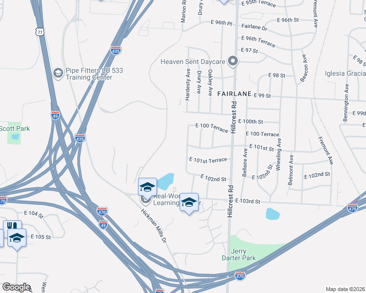 map of restaurants, bars, coffee shops, grocery stores, and more near 10106 Hardesty Avenue in Kansas City
