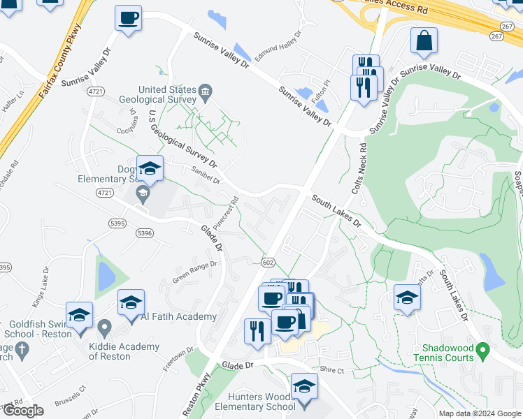 map of restaurants, bars, coffee shops, grocery stores, and more near 2304 Southgate Square in Reston