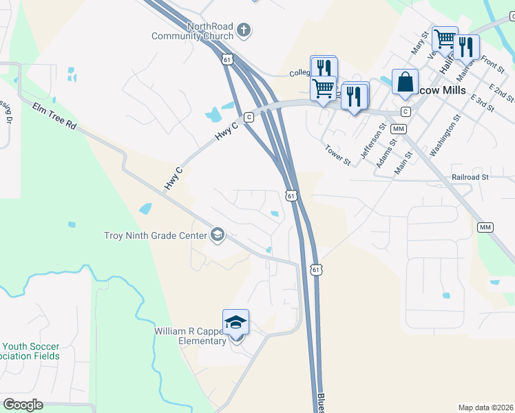 map of restaurants, bars, coffee shops, grocery stores, and more near 107 Pam Court in Moscow Mills