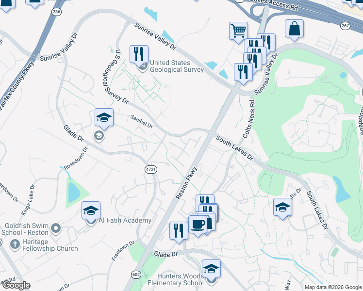 map of restaurants, bars, coffee shops, grocery stores, and more near 2304 Southgate Square in Reston