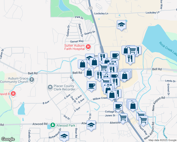 map of restaurants, bars, coffee shops, grocery stores, and more near 3133 Professional Drive in Auburn