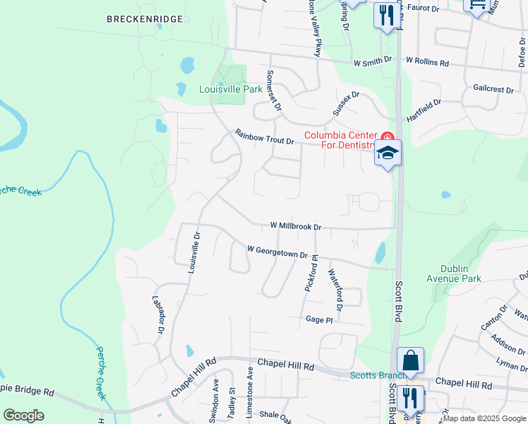 map of restaurants, bars, coffee shops, grocery stores, and more near 4915 West Millbrook Drive in Columbia