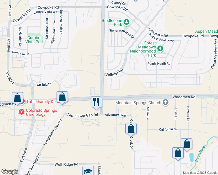 map of restaurants, bars, coffee shops, grocery stores, and more near 7520 Copper Range Heights in Colorado Springs