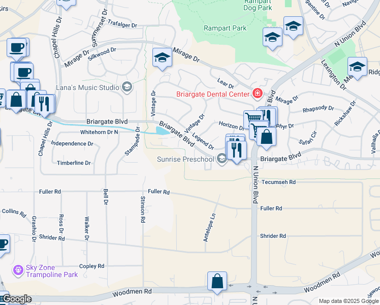 map of restaurants, bars, coffee shops, grocery stores, and more near 7516 Banner Court in Colorado Springs