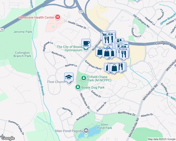map of restaurants, bars, coffee shops, grocery stores, and more near 3801 Ernst Drive in Bowie