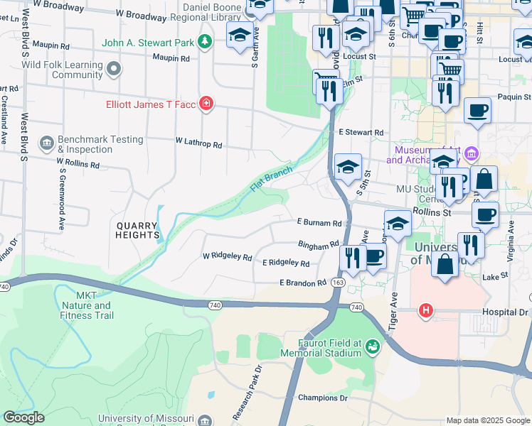 map of restaurants, bars, coffee shops, grocery stores, and more near 5 East Burnam Road in Columbia