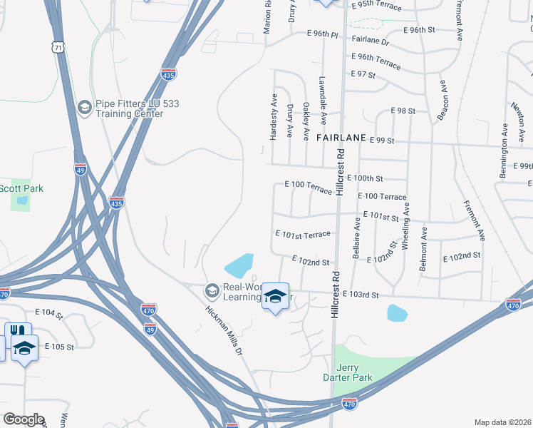 map of restaurants, bars, coffee shops, grocery stores, and more near 10106 Hardesty Avenue in Kansas City