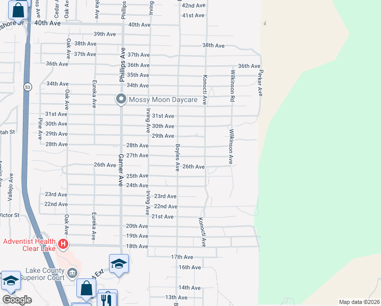 map of restaurants, bars, coffee shops, grocery stores, and more near 16182 27th Avenue in Clearlake