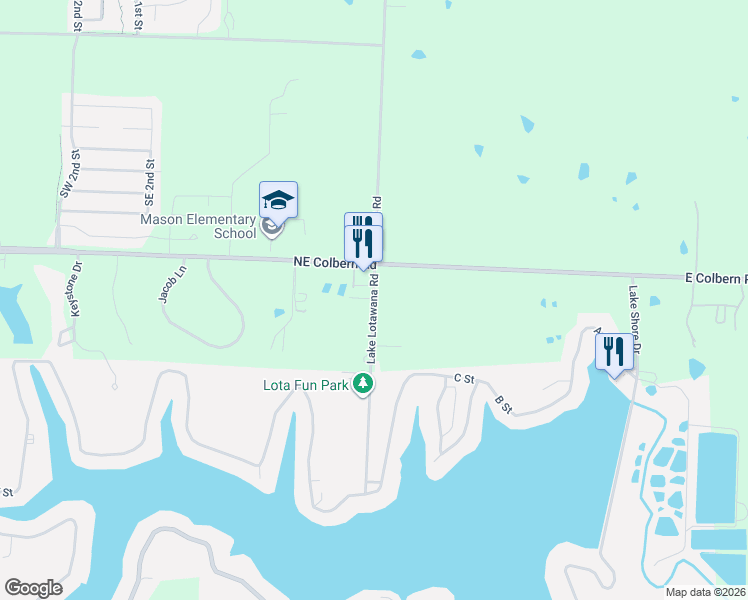 map of restaurants, bars, coffee shops, grocery stores, and more near 9606 Lake Lotawana Road in Lake Lotawana
