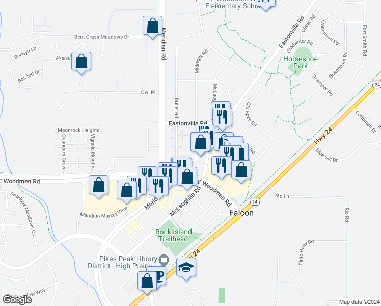 map of restaurants, bars, coffee shops, grocery stores, and more near 7573 Jaoul Point in Peyton