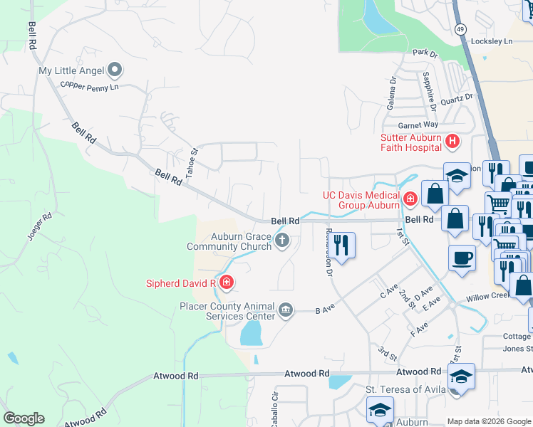 map of restaurants, bars, coffee shops, grocery stores, and more near 3241 Sunset Terrace in Auburn