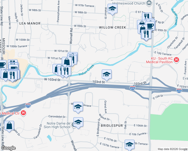 map of restaurants, bars, coffee shops, grocery stores, and more near 114 103rd Street in Kansas City