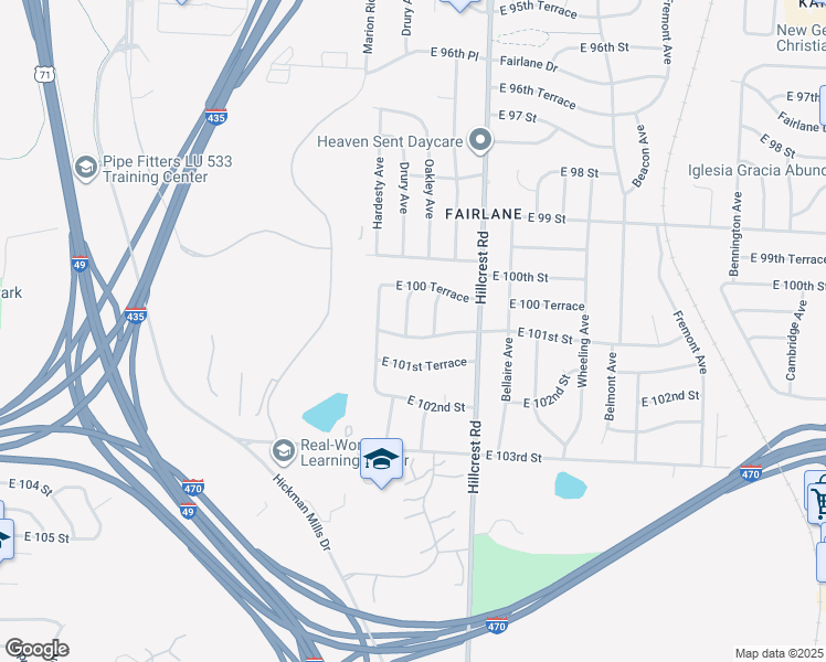 map of restaurants, bars, coffee shops, grocery stores, and more near 5600 East 101st Street in Kansas City