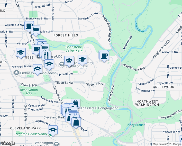 map of restaurants, bars, coffee shops, grocery stores, and more near 4016 Linnean Avenue Northwest in Washington